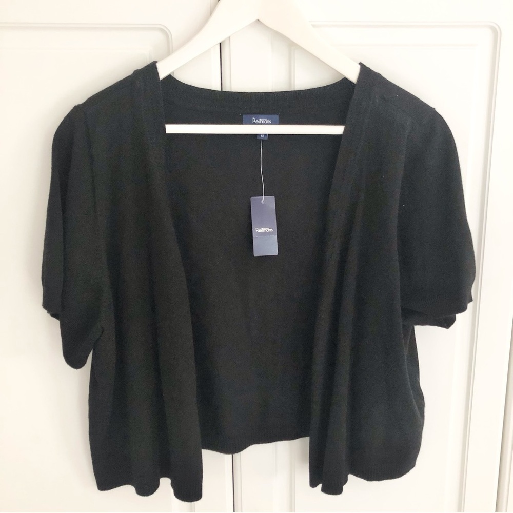 New 1X Reitman’s Cropped Black Cardigan Sweater Cover up Open Front Soft Rayon